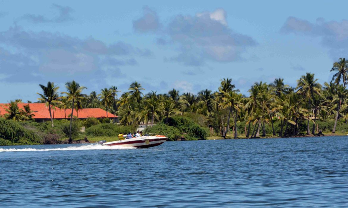 tourists take a boat rite on the coconut fringed Chunambar backwaters