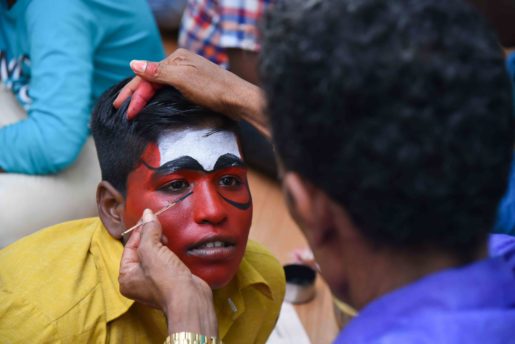 kids at the inclusive summer camp in Pondicherry by Tycl getting their faces painted before a therukoothu performance by puducherry makkal Kalai kazhagam