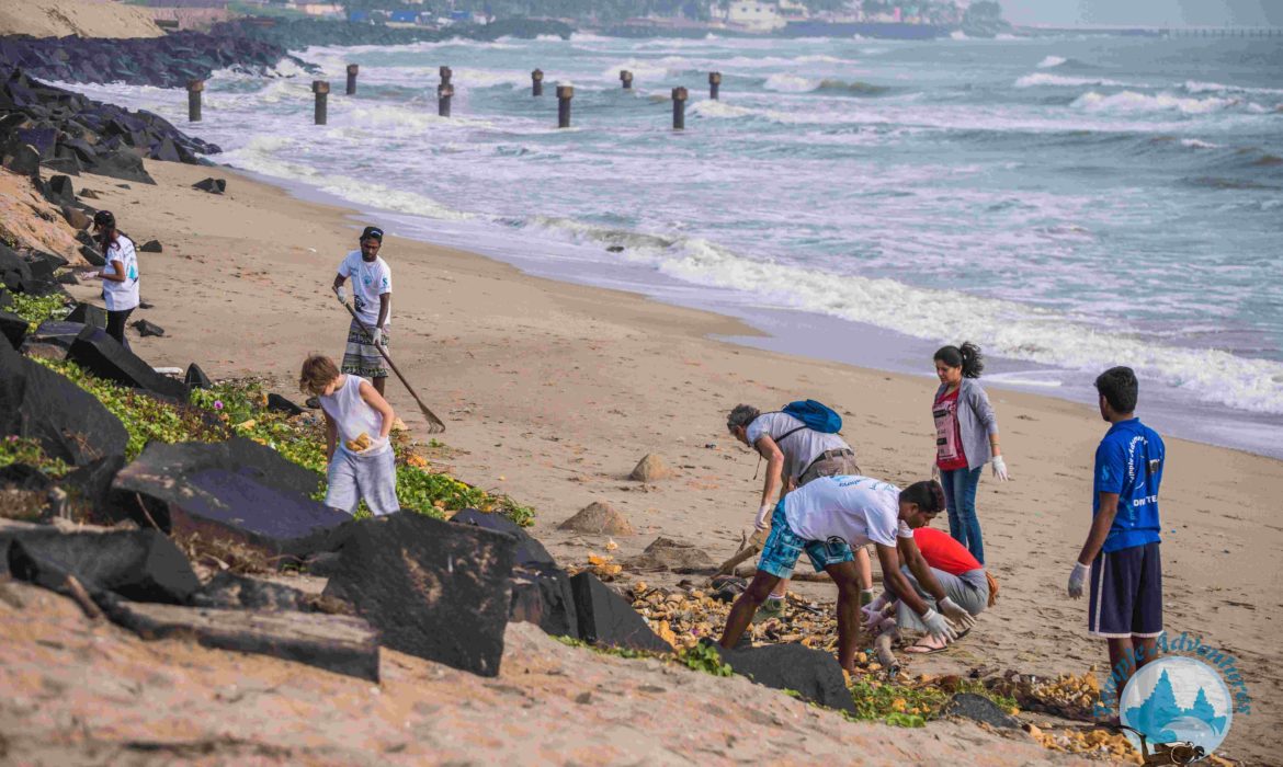 beach clean-up by temple reef foundation at Pondicherry's promenade beach