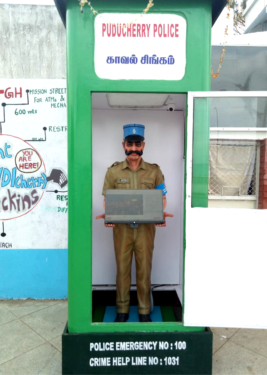 constable singam is a robocop on Pondicherry's beach road. With a touch-screen, he acts as a help-desk for tourists