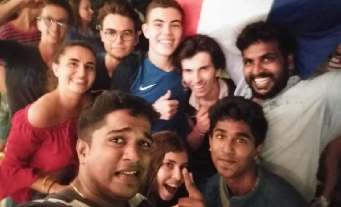 football fans cheering France at the football World Cup final at the consulate in pondicherry