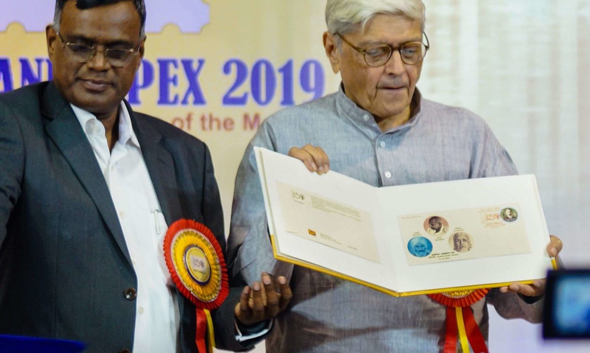 Gopalkrishna Gandhi, former Governor of West Bengal and grandson of Gandhi, releasing the special cover featuring trio if Mahatma, Mahakavi Bharathiar and Aurobindo