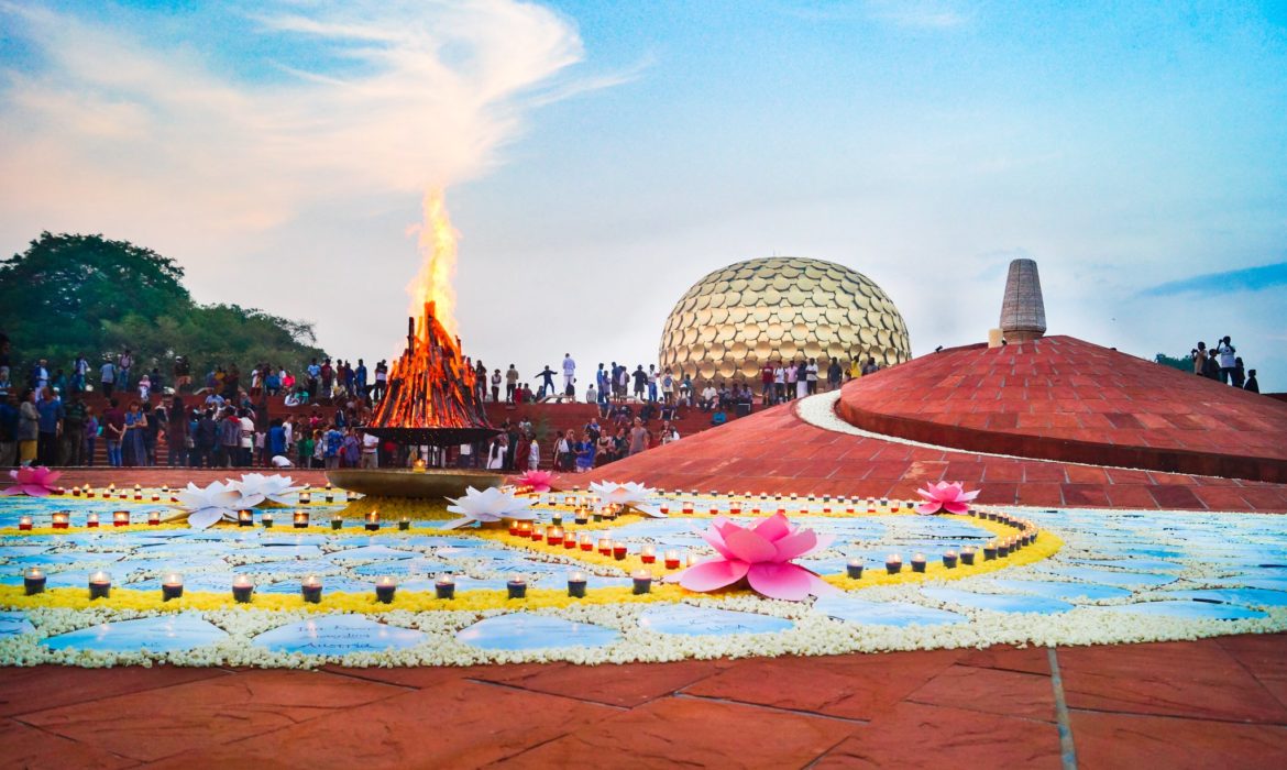 auroville birthday dawn fire and auroville bonfire on occasion of Auroville's birthday . this is a unique collective meditation experience