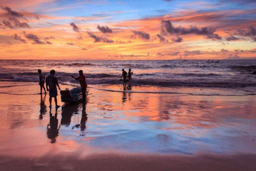 Seaside events in Pondicherry. Fishermen at dawn in Pondicherry